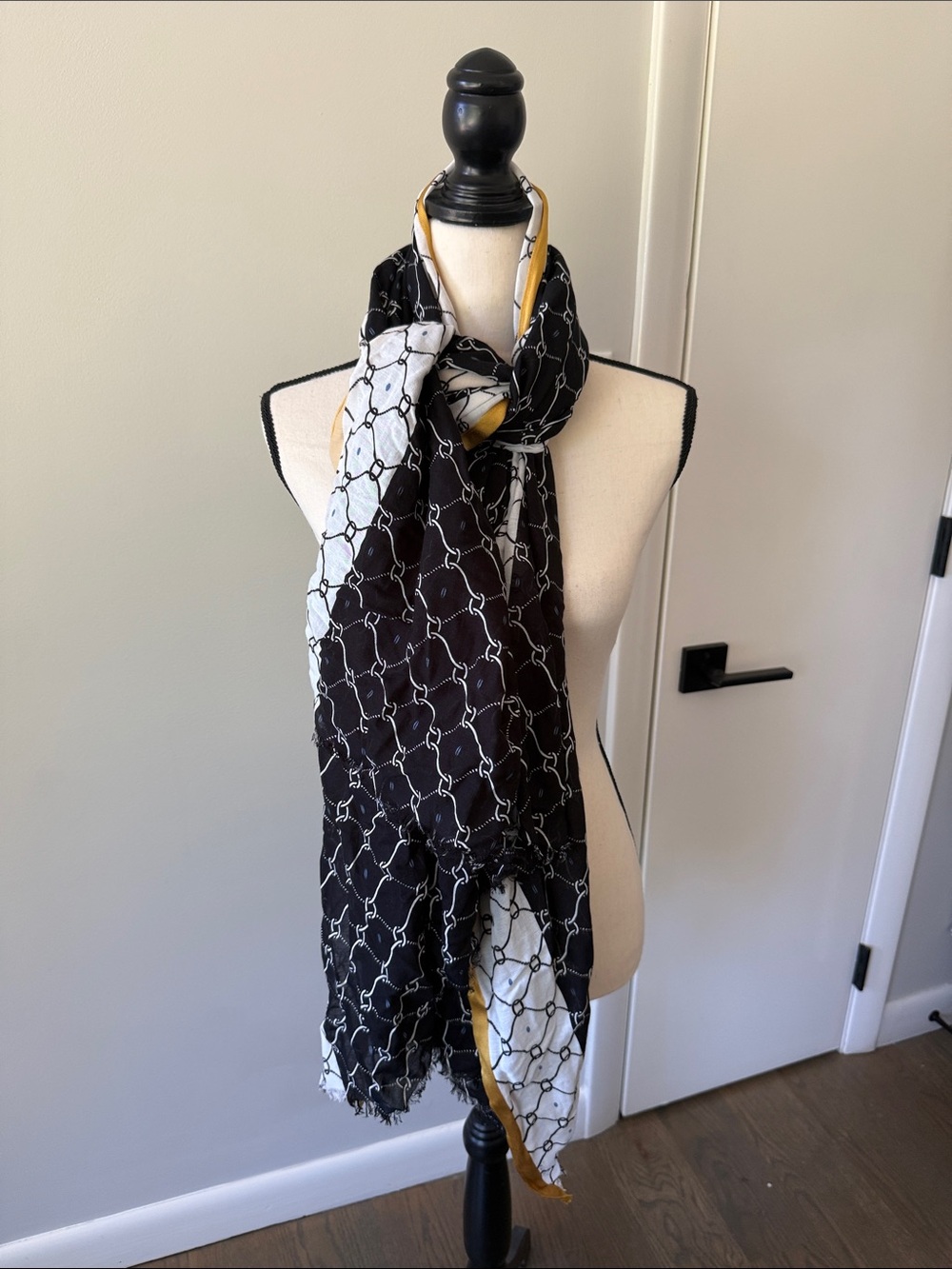Ann Taylor Black and White Chain-Print Scarf with Yellow Edge